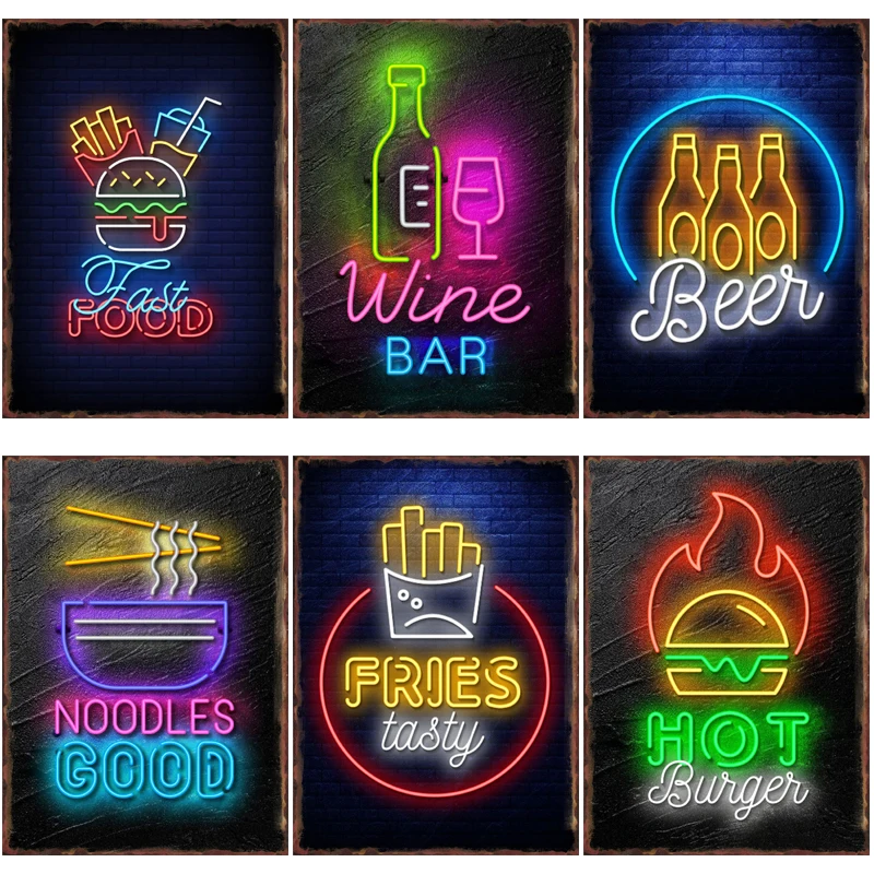 Vintage Neon Food Metal Tin Sign for Fast Noodles Fries Tasty Wine Coffee Shop Painting Pictures Wall Decoration Art Aesthetic