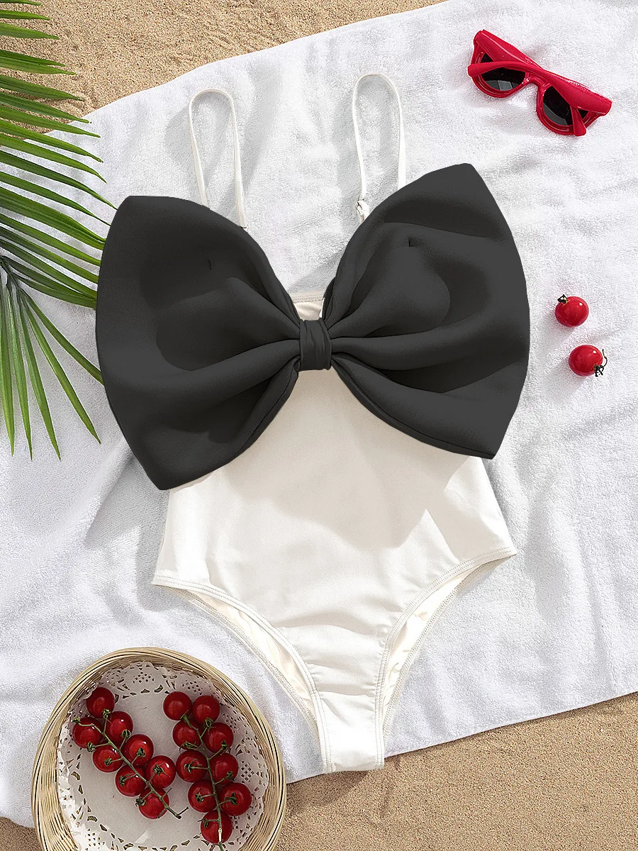 ヴィンテージ風フロントビッグボウ水着 レディース 2025 ホワイトブラック コントラスト お腹シェイプ ワンピース水着 ホリデー水着 モノキニ