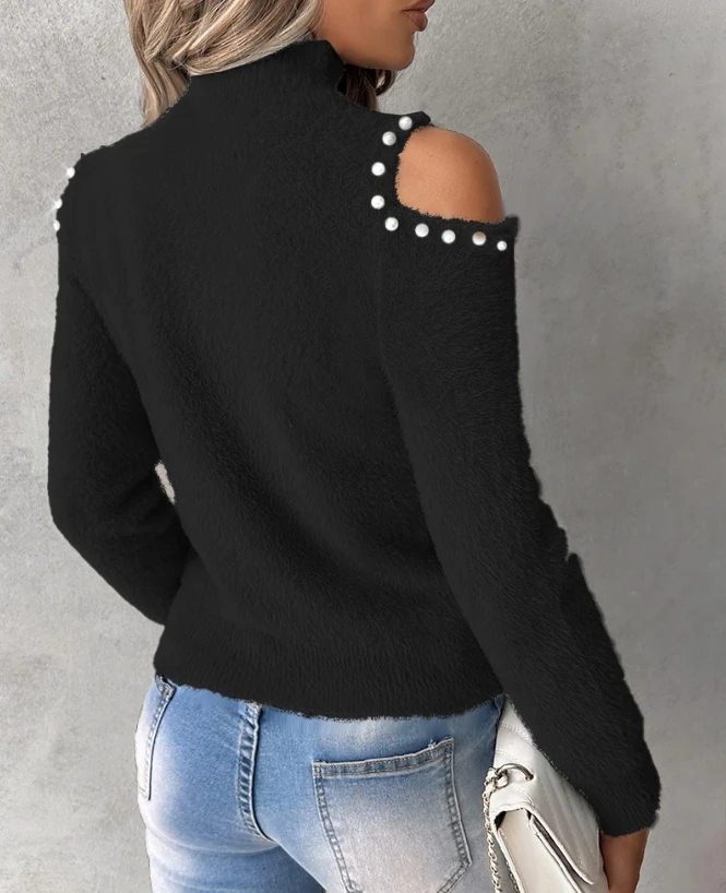 2023 Autumn Winter Spring New Fashion Casual Mock Neck Cutout Pearls Decor Knit Sweater Female Clothing T-Shirts Pullover Tops