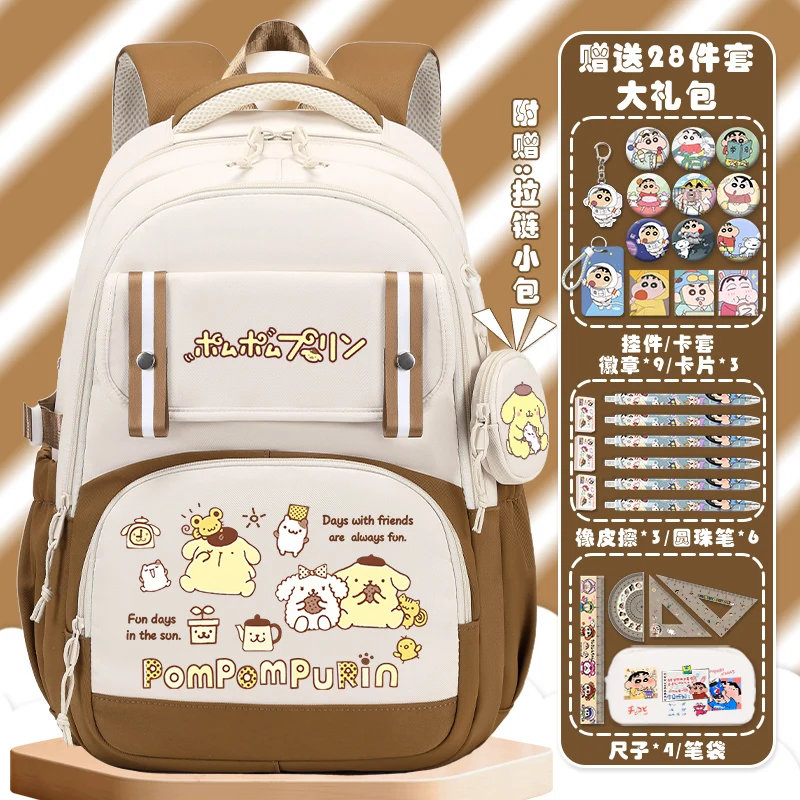 Sanrio Pom Pom Purin Cartoon estudante mochila, mochila leve para meninas, grande capacidade, bonito, novo