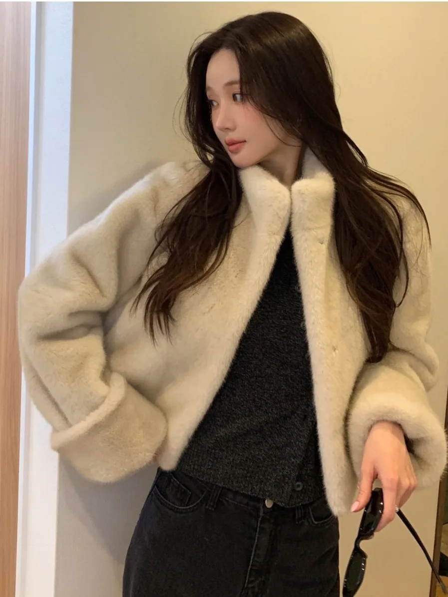 시크한 여성 코트 럭셔리 따뜻한 인조 모피 아우터웨어 한국 스타일 루즈핏 겨울 패션 개성