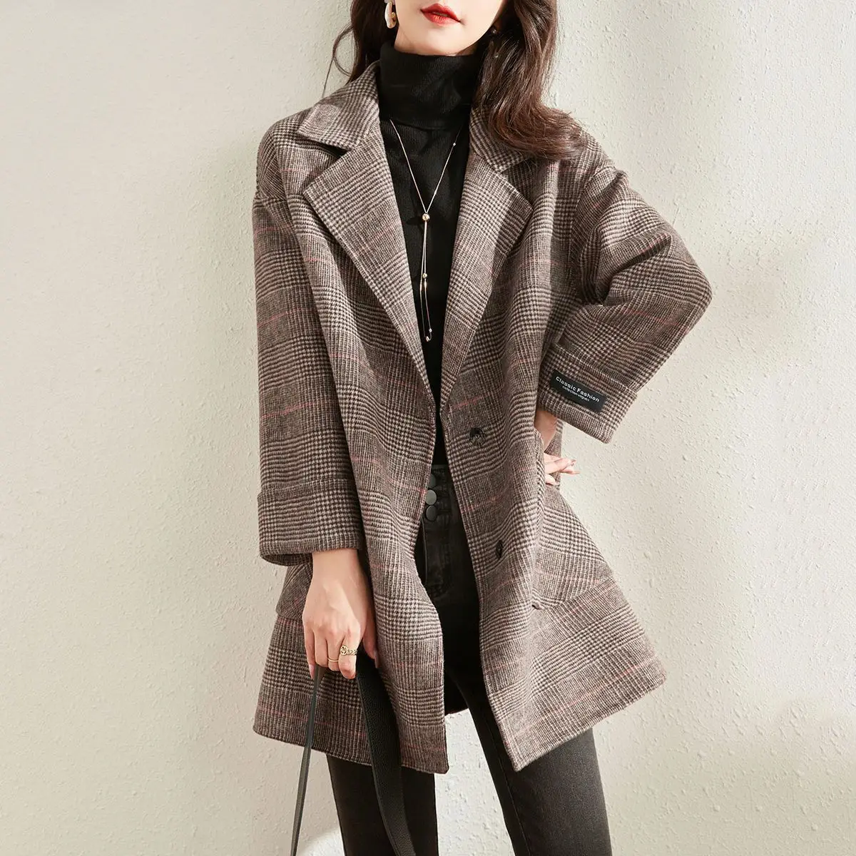 Women's Wool & Blends Coat Loose Plaid Long Ladies Jackets Casual Autumn Fashion 2024 Korean Style Clothing Outerwears Medium