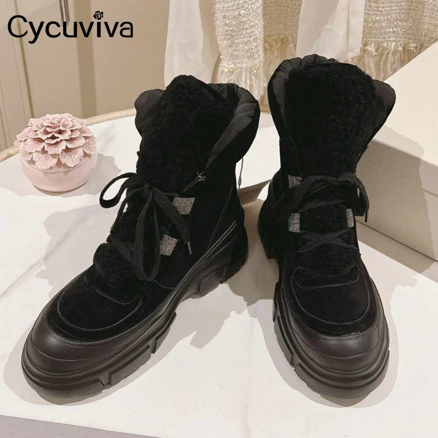 Hot Selling Brand Suede Platform Boots Women Thick Sloe Lace Up Wool Designer Short Boots Winter Casual Party Snow Boots Women