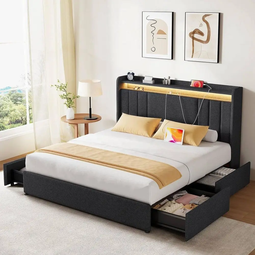 

Full Size Upholstered Bed Frame with 2Tier Storage Headboard and 4 Dustproof Drawers, 51 Tall LED Platform Bed Frames with Adju