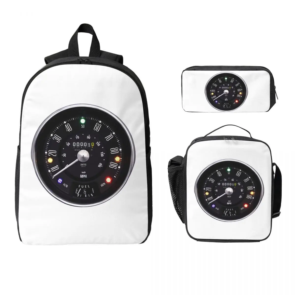 

Classic Mini Smiths 90 MPH Speedometer Backpack BookBag School Bag Laptop Shoulder Bags 3ps Insulated Lunch Bag Pencil Case