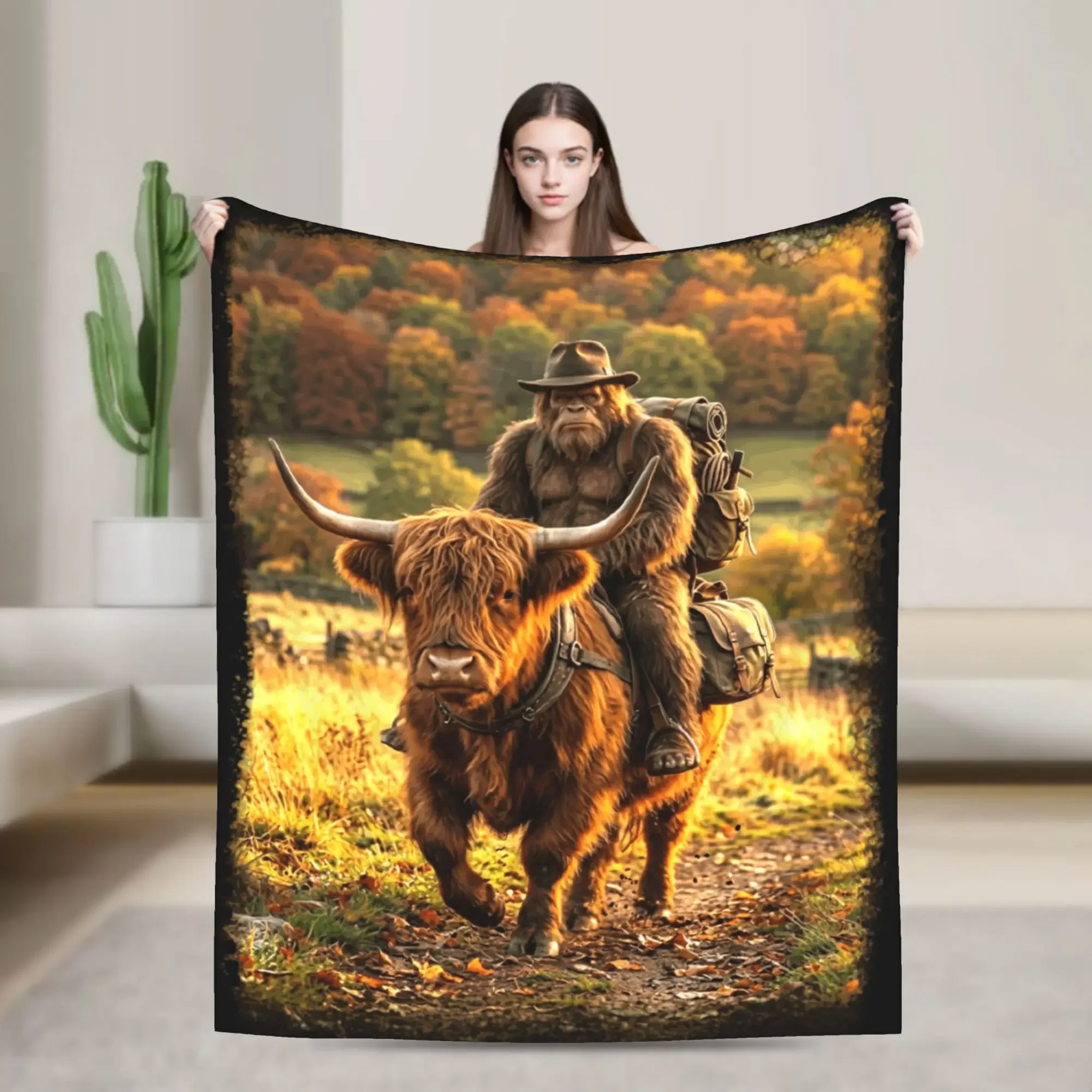Funny Sasquatch Cow Autumn Wilderness Soft Warm Blanket Plush Bedding Throws Living Room Flannel Bedspread Sofa Bed Cover