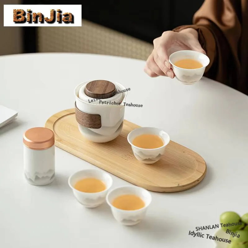Portable Ink Wash Landscape White Porcelain Tea Set Kit Zen 1 Pot 4 Cups Tea Board Caddy Travel Tea Maker Picnic Organizer Bag