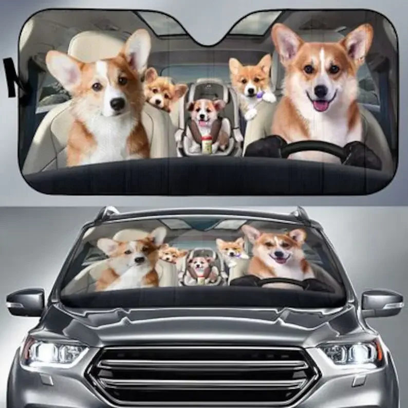 Corgi Family Funny Safe And Driver Auto Sun Shade Personalized Sunshade, Custom Animal Pattern Sunshade,STYLE FOR CAR