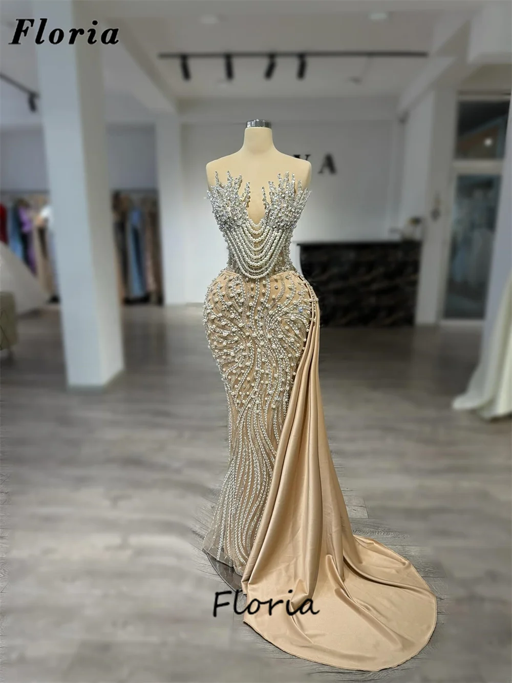 

Chic Champagne Beaded Prom Dresses Sheer Neck Formal Occasion Dress Dubai Pearls Evening Party Gowns Vestidos De Gala Customized