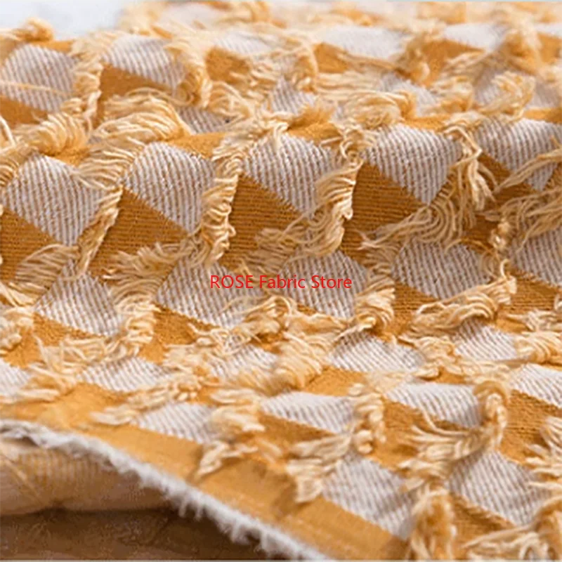 厚さ1メートルのタッセル付きコットンウォッシュド加工デニムチェック柄生地、DIY縫製ブレザーバッグ帽子用生地