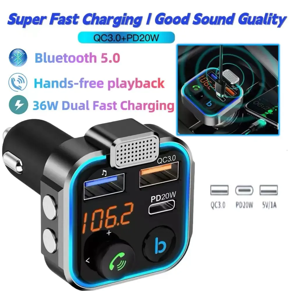 Newly Upgraded Bluetooth 5.0 Wireless Hands-free Car Kit PD QC3.0 USB Car Fast Charging Music Player Car Radio FM Transmitter