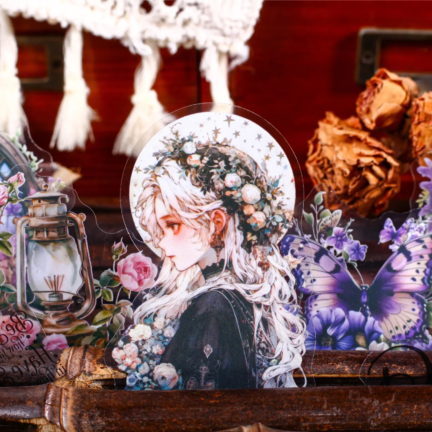 Pearlescent Ripple Series Vintage Character Flower Landscaping PET Sticker Creative DIY Journal Material Collage Stationery