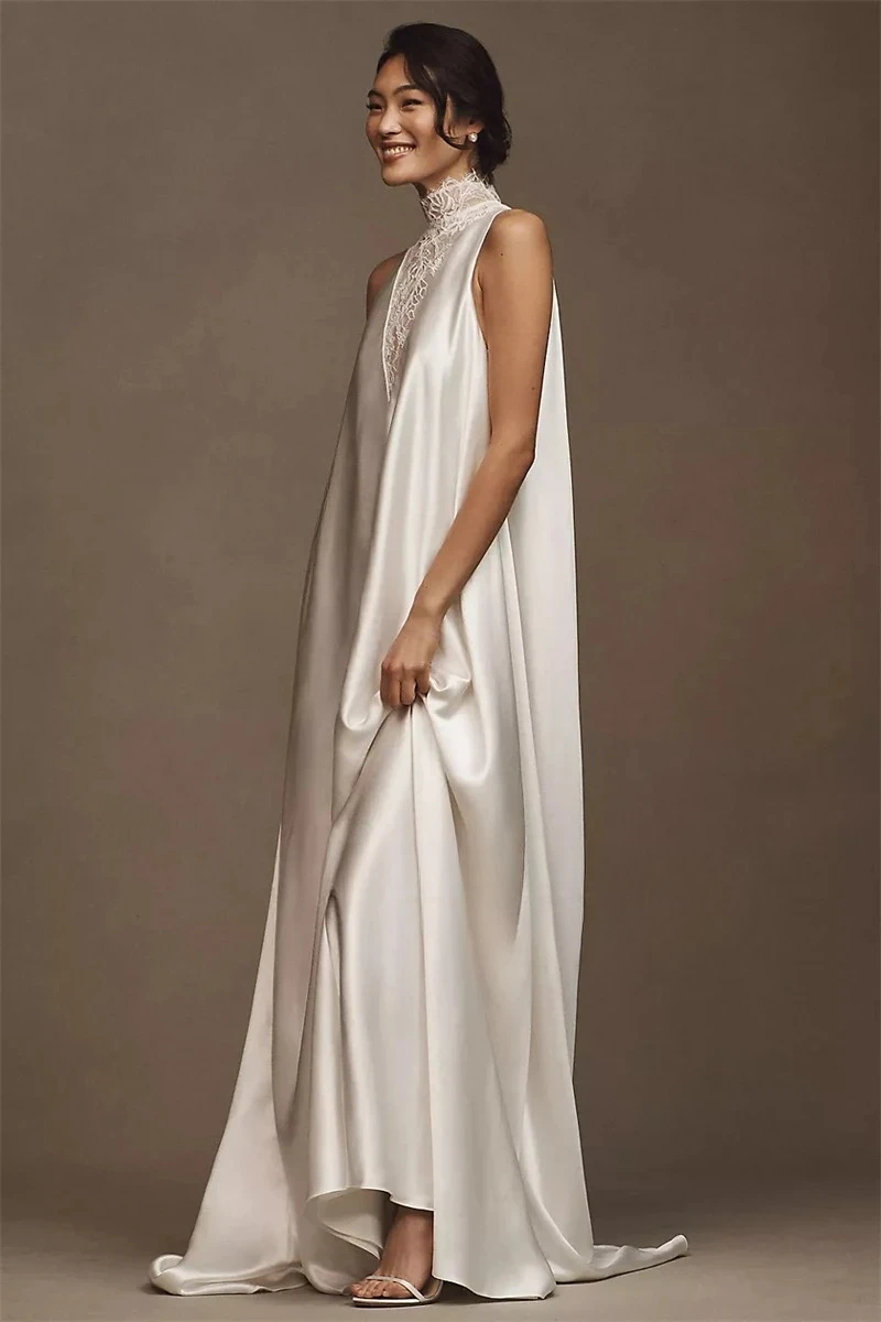 Customized Temperament  Soft Bride Dresses Mermaid Wedding Dresses Charming Lace Sleeveless High Neck Reception Bridal Gown