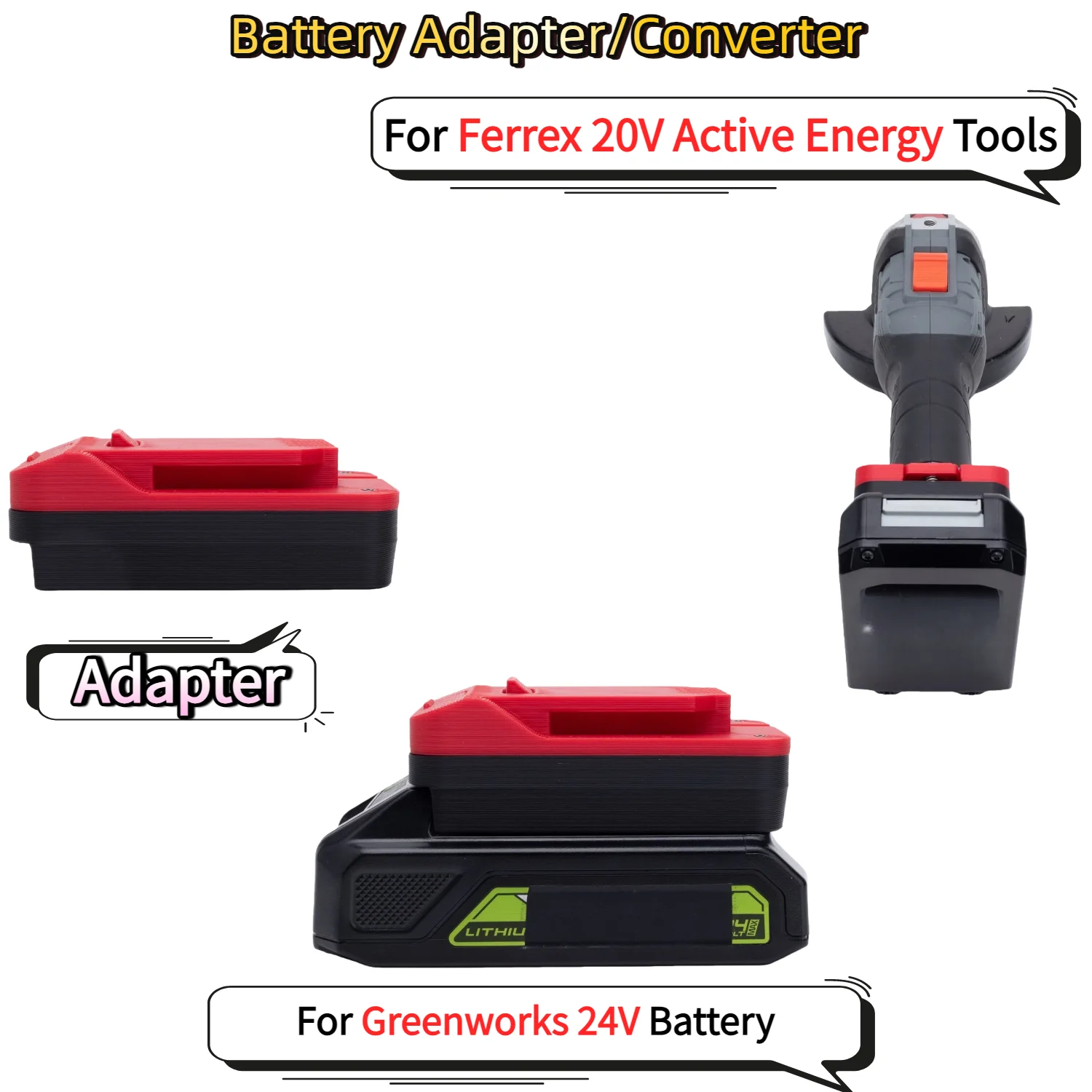 

For Greenworks 24V Li-ion Battery TO Ferrex 20V Active Energy Electric Drill Tools Battery Adapter/Converter(Only Adapter)