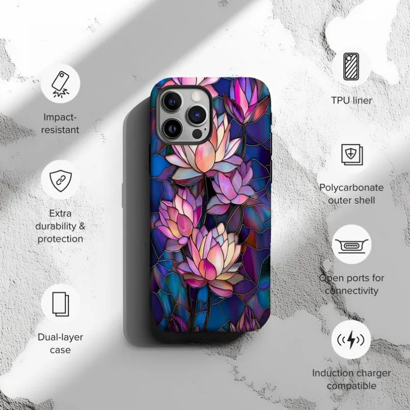 Vibrant Stained Glass Lotus Flower Phone Case For IPHONE 16 15PRO MAX 14 13 12 11 Acrylic TPU Two in one magnetic Phone Cases