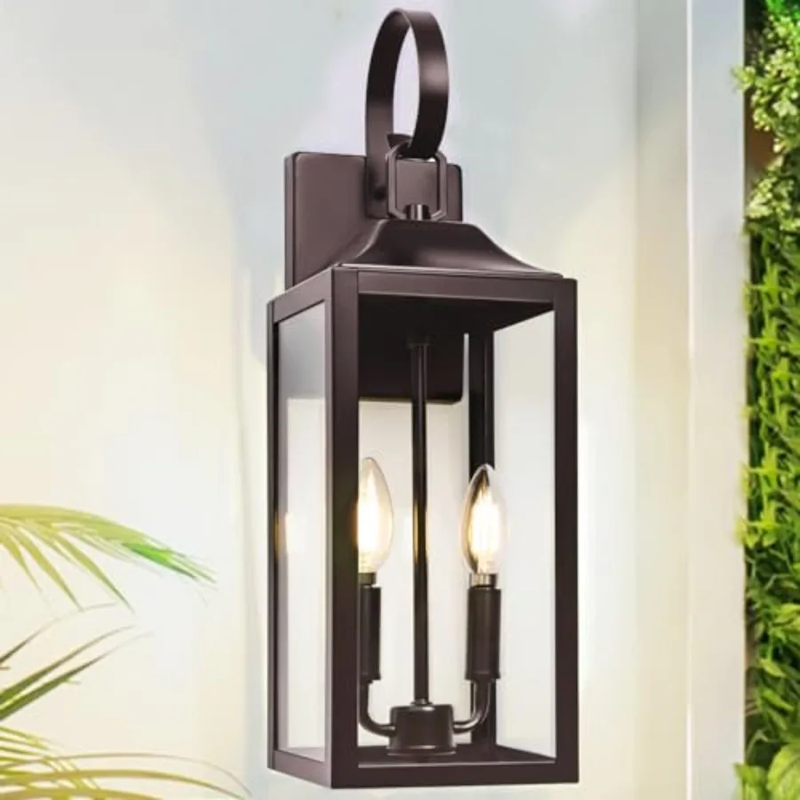 

19" Oil Rubbed Outdoor Wall Lantern 2-Light, Large Modern Wall Sconce Light Fixture, Brown Porch Light with Glass, Waterproof F