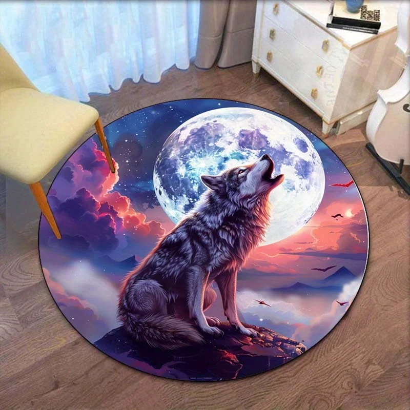 

Howling wolf full moon round rug crystal velvet floor mat nature wildlife art living room bedroom decor mystical night scene