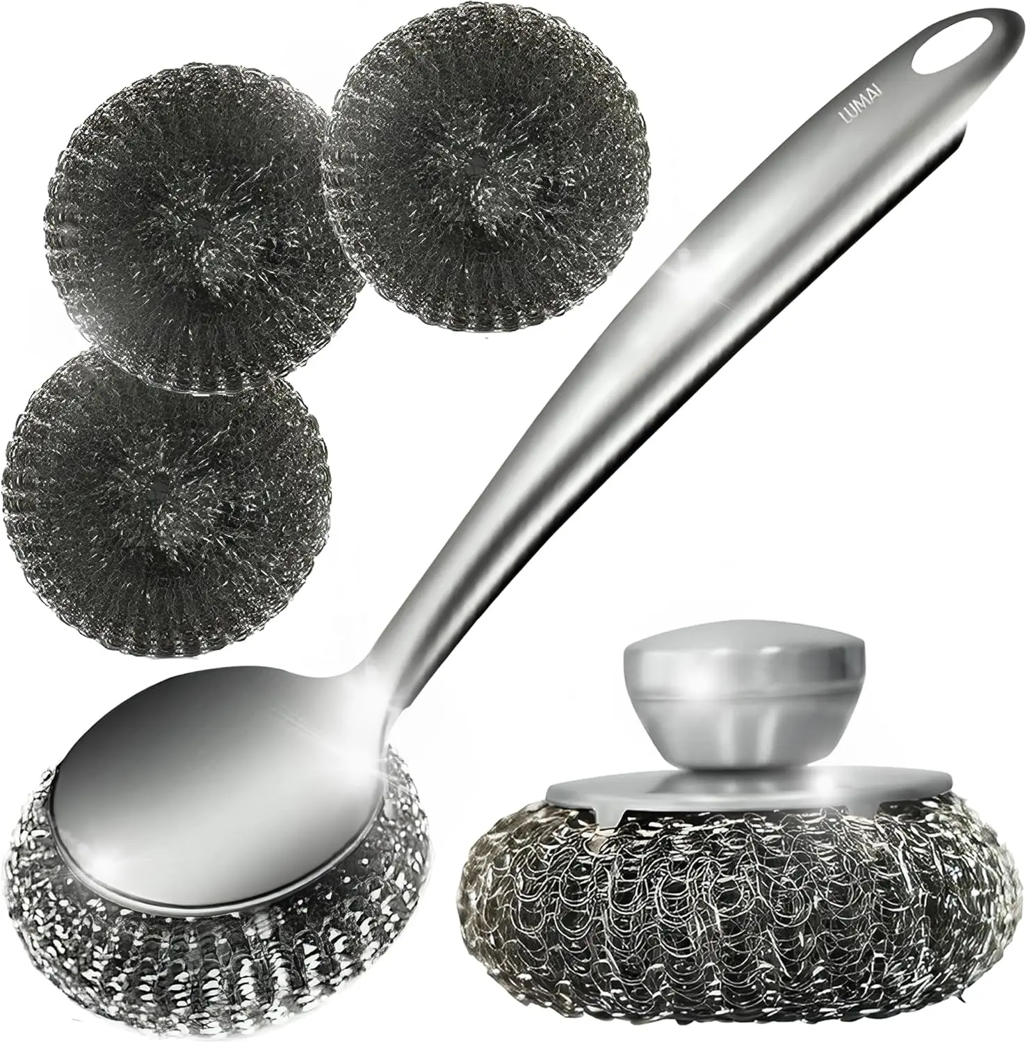 

Steel Wool Scrubber Dish Brush Set with Handle, Deep Cleaning Scrubber Set, Silver