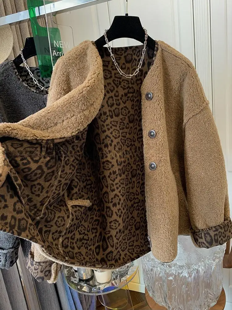 Women Fashion O-Neck Single Breasted Long Sleeve Jacket Autumn Winter Leopard Coat Female High Street Warm Jacket