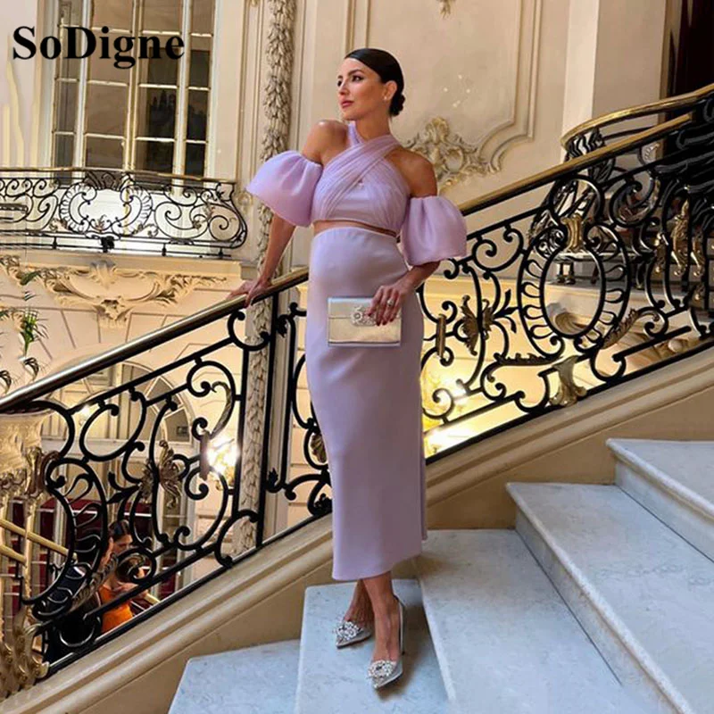 SoDigne Elastic Satin Purple Evening Dresses For Pregnant Two Pieces Halter Shor Sleeves Prom Dress Formal Party Gowm