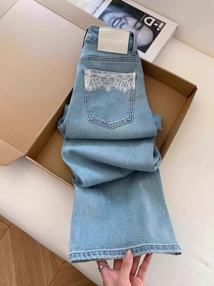 

Светло-голубые джинсы с высокой талией, прямые, широкие, с кружевными вставками, женские, больших размеров, для коррекции фигуры, облегающие