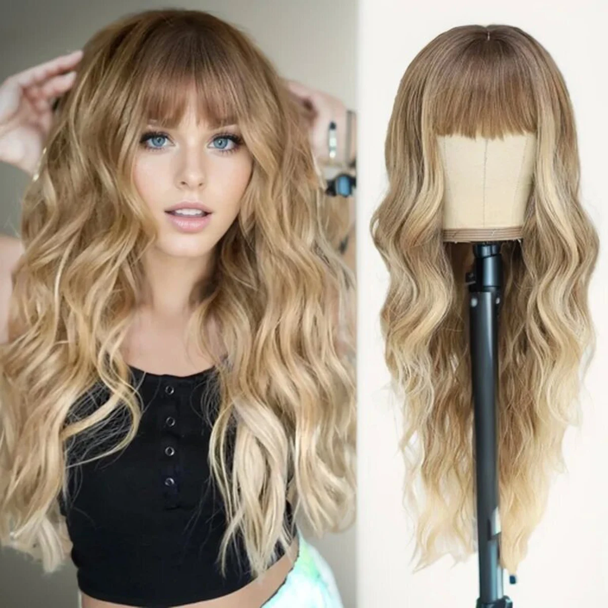 Golden gradient long curly hair wig for Women heat resistant fiber women wig full bangs