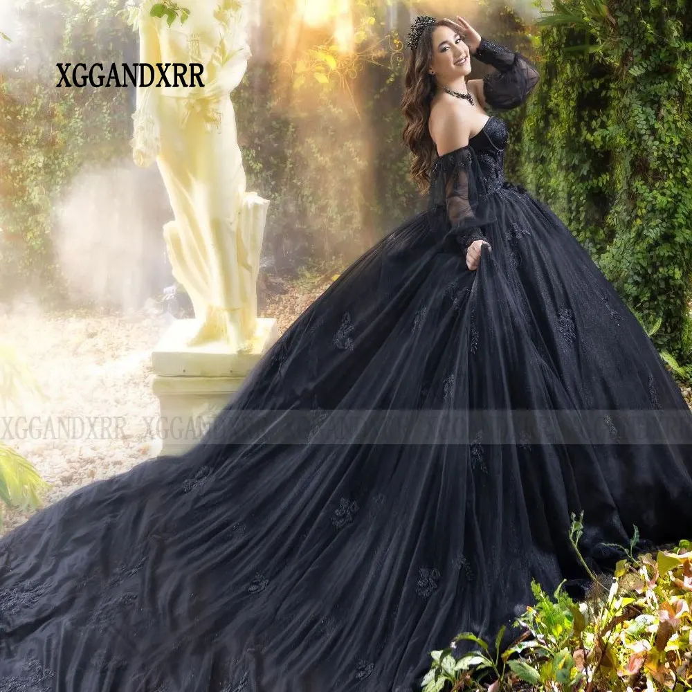 Black Long Train Detachable Sleeves Quinceanera Dresses Meninas De 15 Anos Appliques 3D Flower Sweet 15 16 Vestidos De Debutante