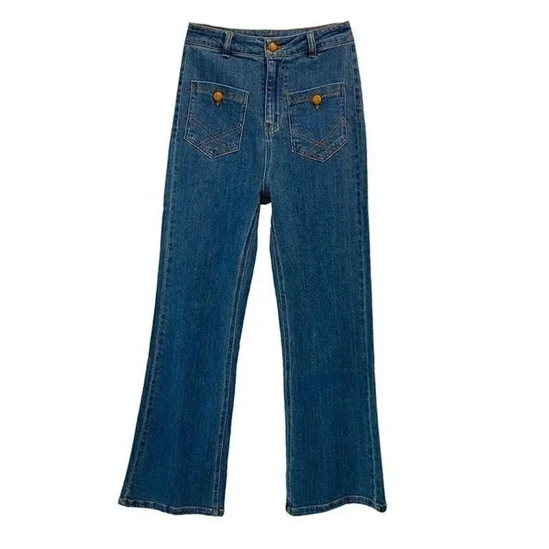 Imagem -05 - Calça Jeans Azul Reta de Cintura Alta Feminina Solta Moda Feminina Estilo de Viagem Francês Retrô Primavera Outono 2023