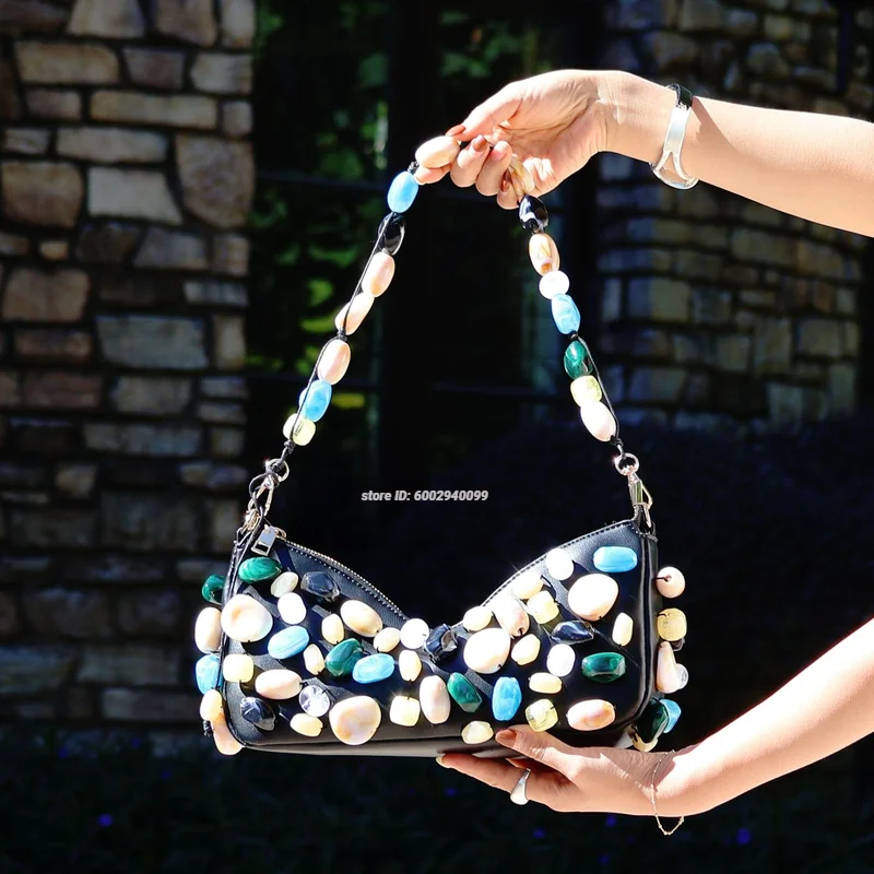 

NEW Colored stones Evening Clutch Bag Lady Square Tote Shoulder Bag Women Designer Dinner Party Handbag Purse