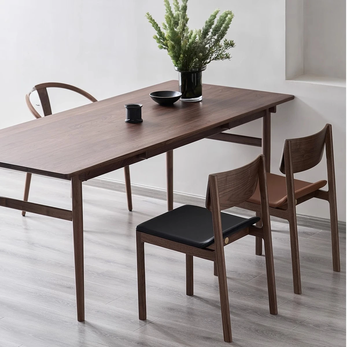 

Walnut solid wood dining table rectangular large board table household living room dining table and chair combination