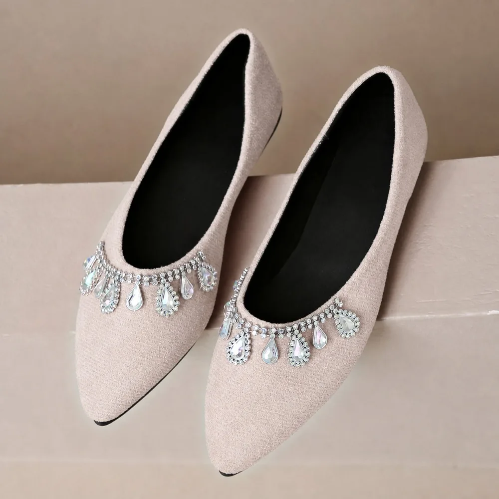 Elegante flache Schuhe für Hochzeitsfeiern, Wildleder, spitzer Zeh mit tropfenförmigem Strass-Quasten-Dekor, Slip-On-Ballerinas für Damen. – Detail 6