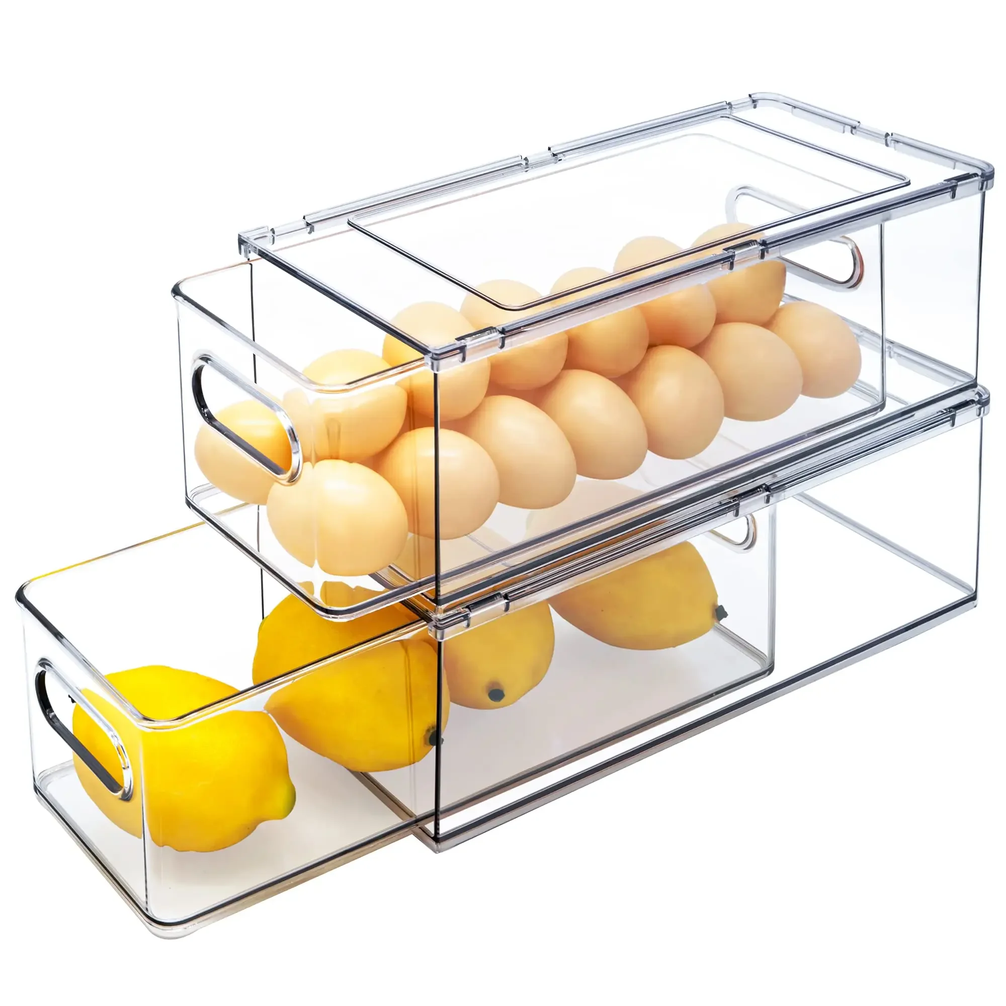 Hot Sale Clear Food Container Stackable Fridge Organizer Drawer Pull Out Bins with Handles