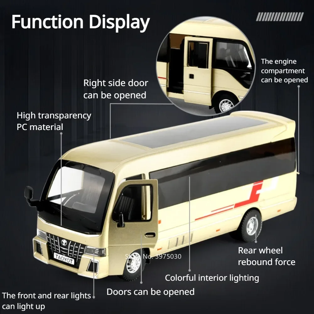 1:32 Toyota Coaster Miniature Model Toy Car Alloy Diecast Doors Opened Pull Back Sound Light Rubber Tires Vehicle for Kids Gifts