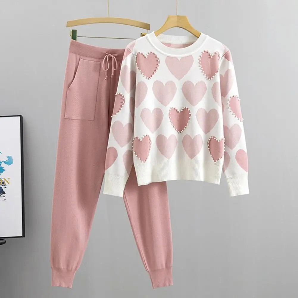 

Spring Top Pants Set Heart Print Women's Tracksuit Set With Bead Detail Round Neck Sweatshirt Elastic Waist For Autumn