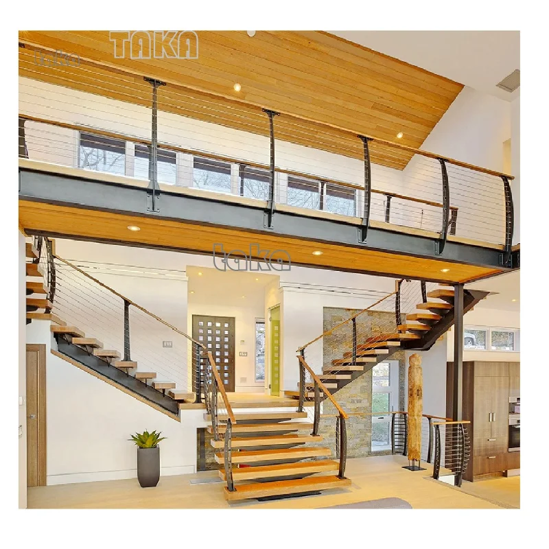 custom.Simple Wood Tread Staircase Modern Interior Stairway Wooden Step Indoor Tempered Glass Straight Stair