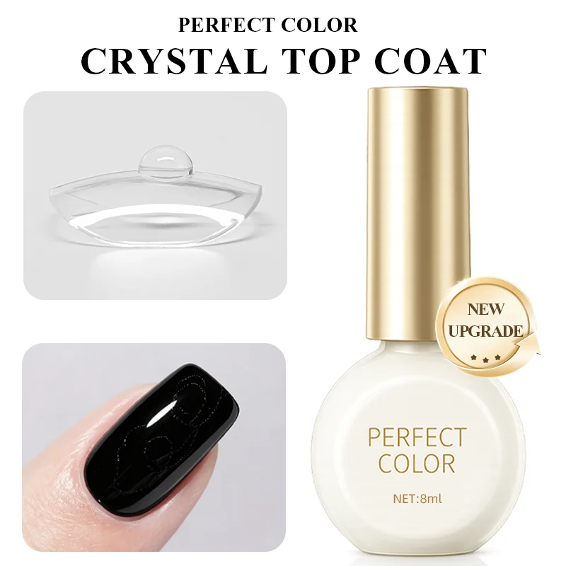 PERFECT COLOR Crystal Top Coat 8ml, Glass Like Mirror Shine, Anti-Stain, Scratch Resistant, Long Lasting, UV LED Cure