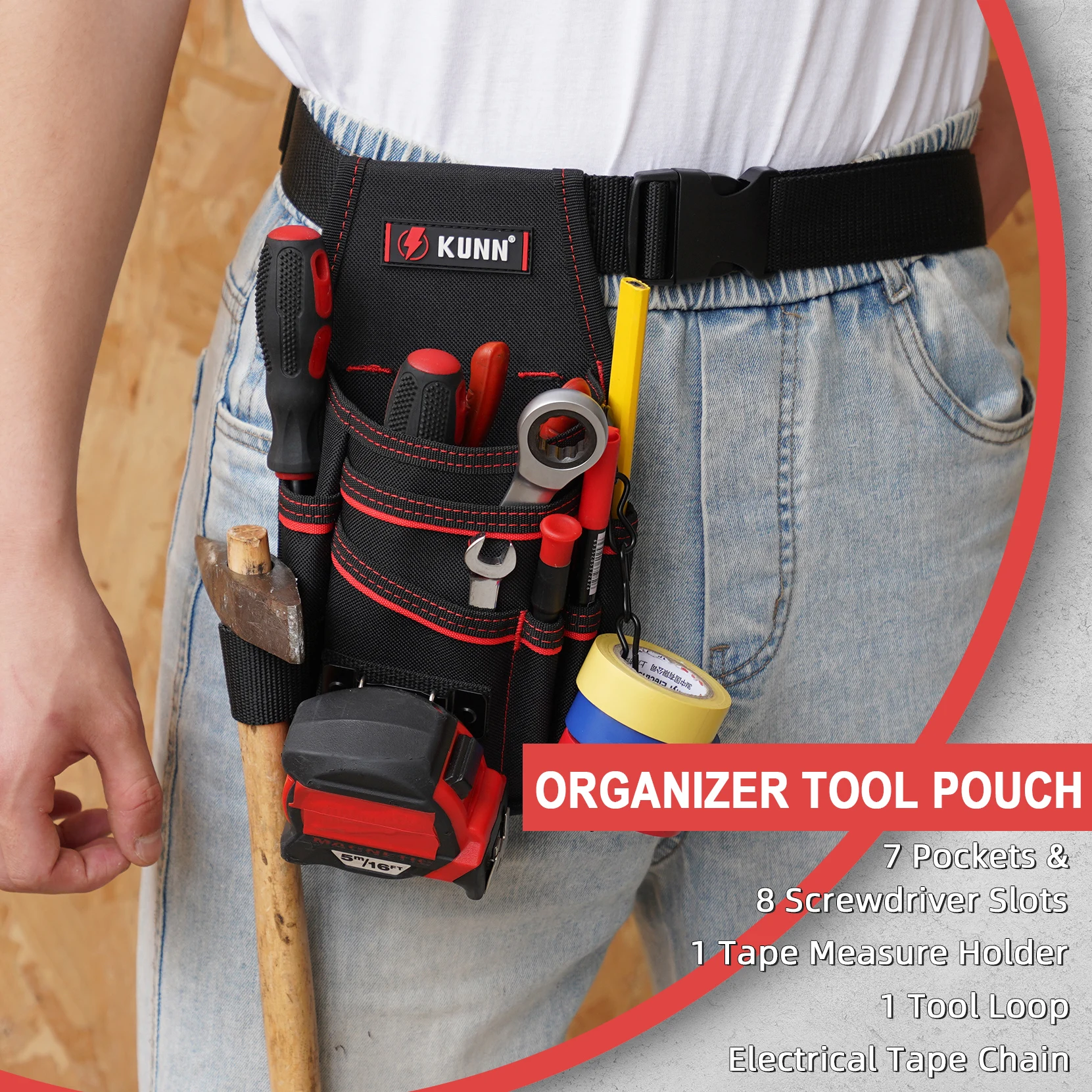 حقيبة أدوات الكهربائي مع مشبك حزام - أكياس حزام أدوات صغيرة خفيفة الوزن مكونة من 7 جيوب HVAC - منظم متعدد الجيوب عالي التحمل