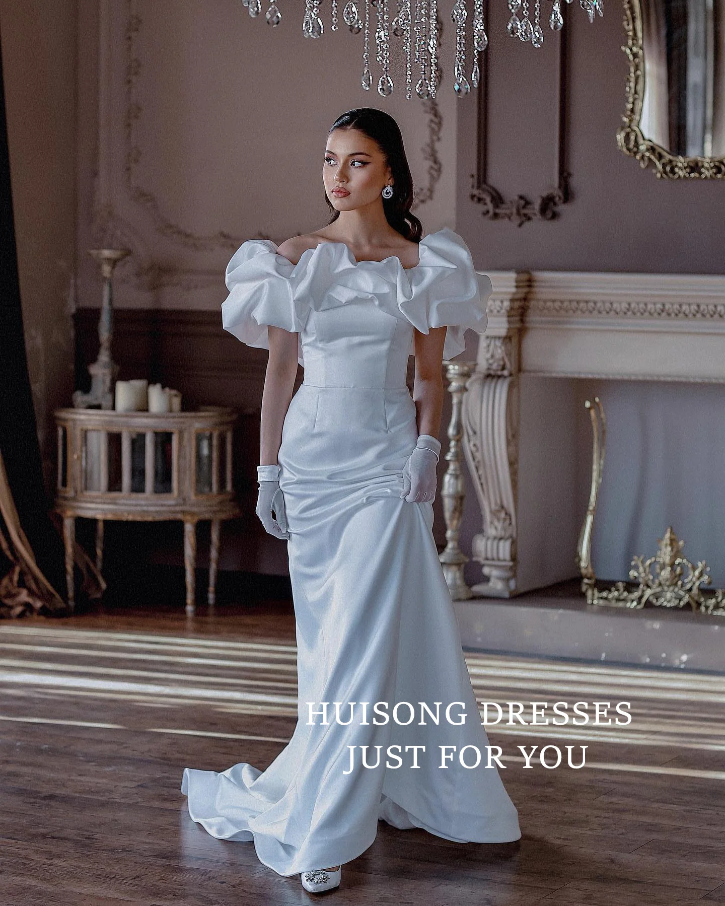 

HUISONG Customized Satin Mermaid Wedding Dresses Off the Shoulder Sleeveless Muslim Bride Dress Modest Long Wedding Gown