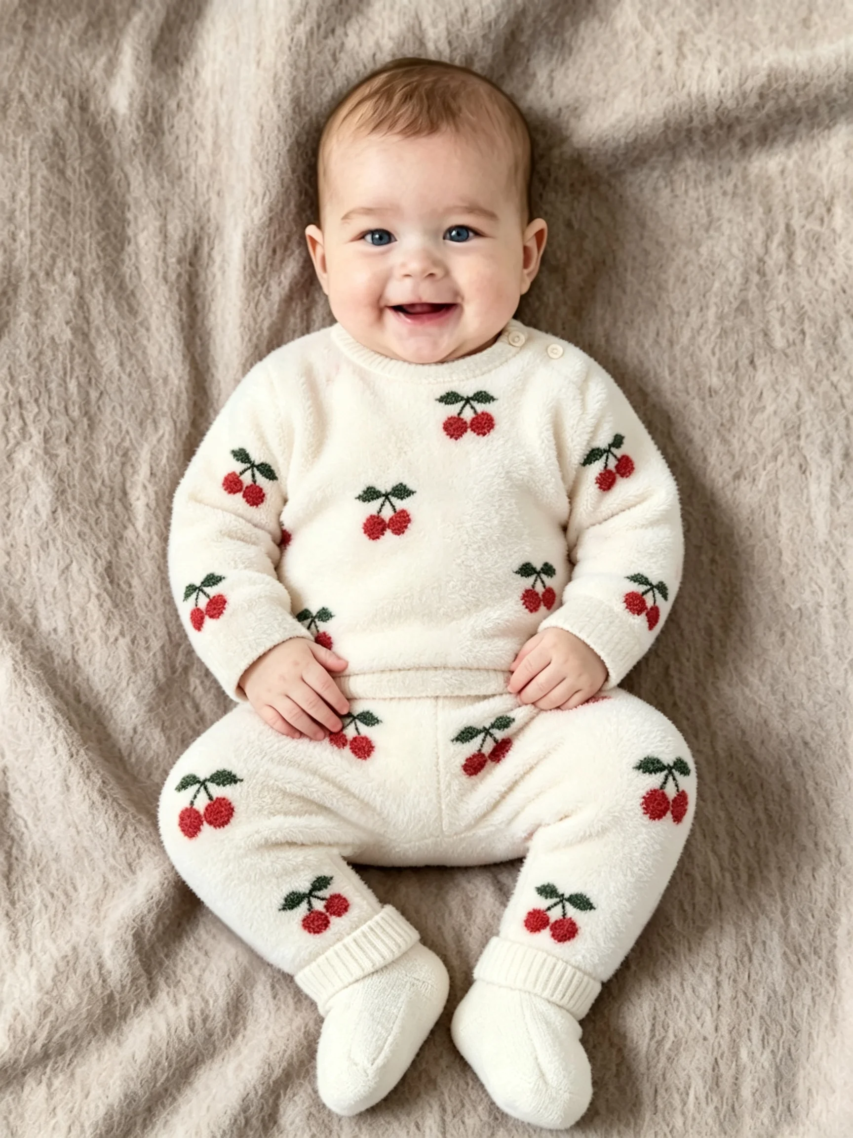 Infant Girls Fleece Clothing Set 0‑3Y Cute Cherry Jacquard Long‑Sleeve Shoulder Button Tops Casual Toddler 2‑Piece Home Outfits