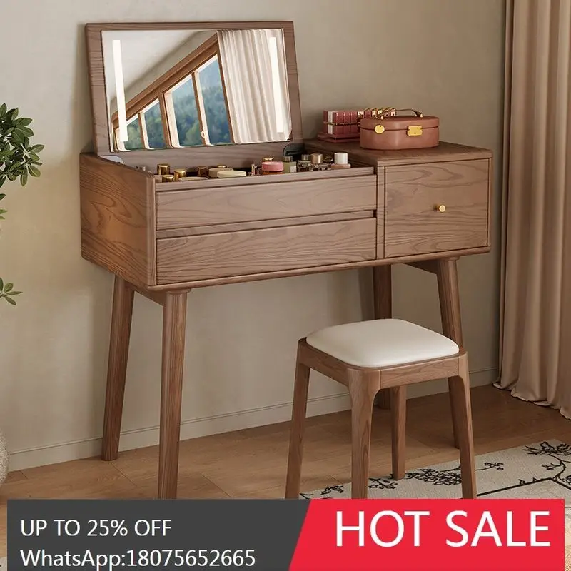 

HLZ All Solid Wood Flip Makeup Table Bedroom Minimalist Dressing Mirror Desk Integrated Dressing Table