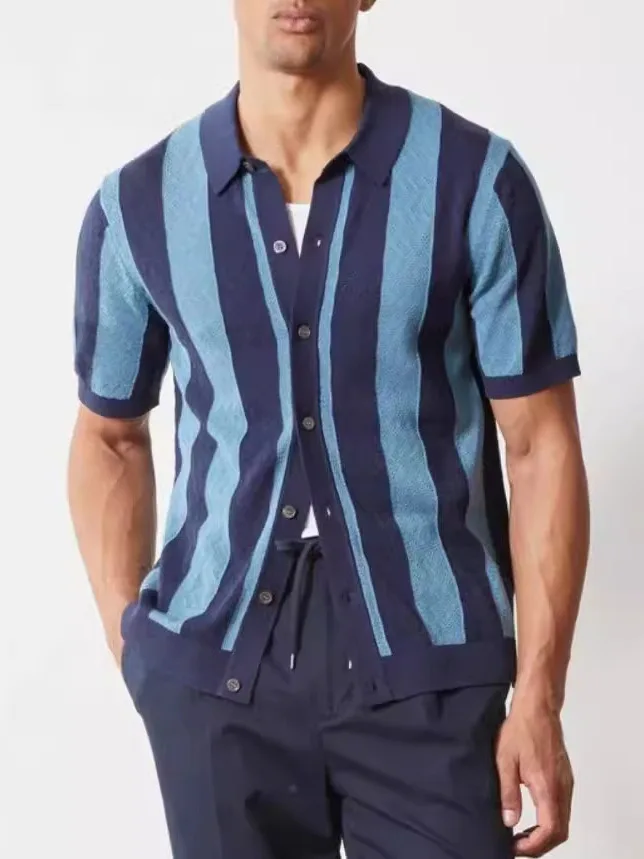 

Men's Faionable Summer irt Hollow out Breathable Knitted Top Open Cardigan ort Sve Casual Sle Striped Pattern