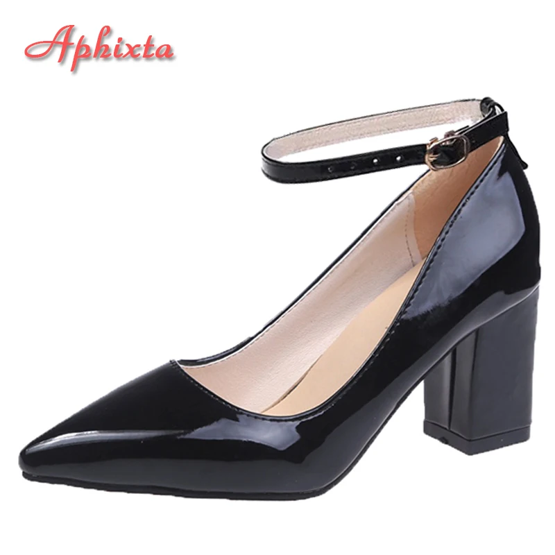 Aphixta New 2.75Inch Pimp Buckle Patent Leather Shoes Women Pumps Leisure Red Fashion Official Pointed Toe Plus Size 50