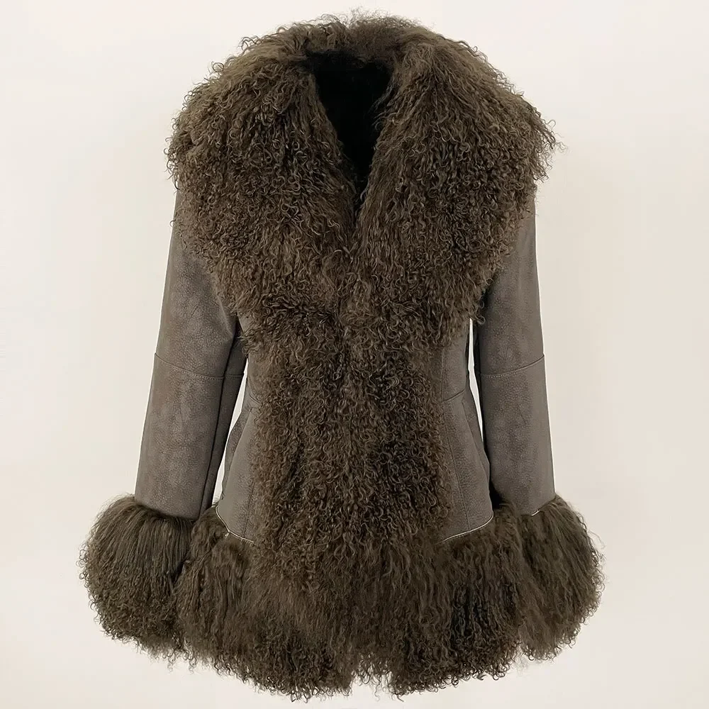 OFTBUY New Winter Warm Curly Mongolia Sheep Fur Jacket Women Vintage Shearling Coat Slim Faux Suede Real Rabbit Fur Clothing