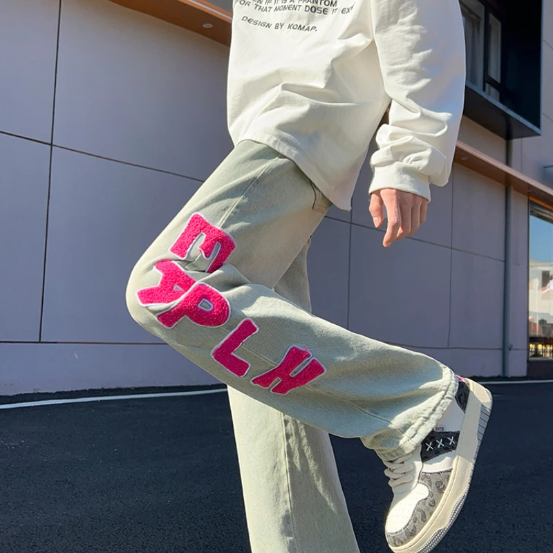 Women's Pink Letter Embroidered Jeans Spring Cool Girl Street Bottoms Denim Pants Female High Waist Casual Straight Trousers