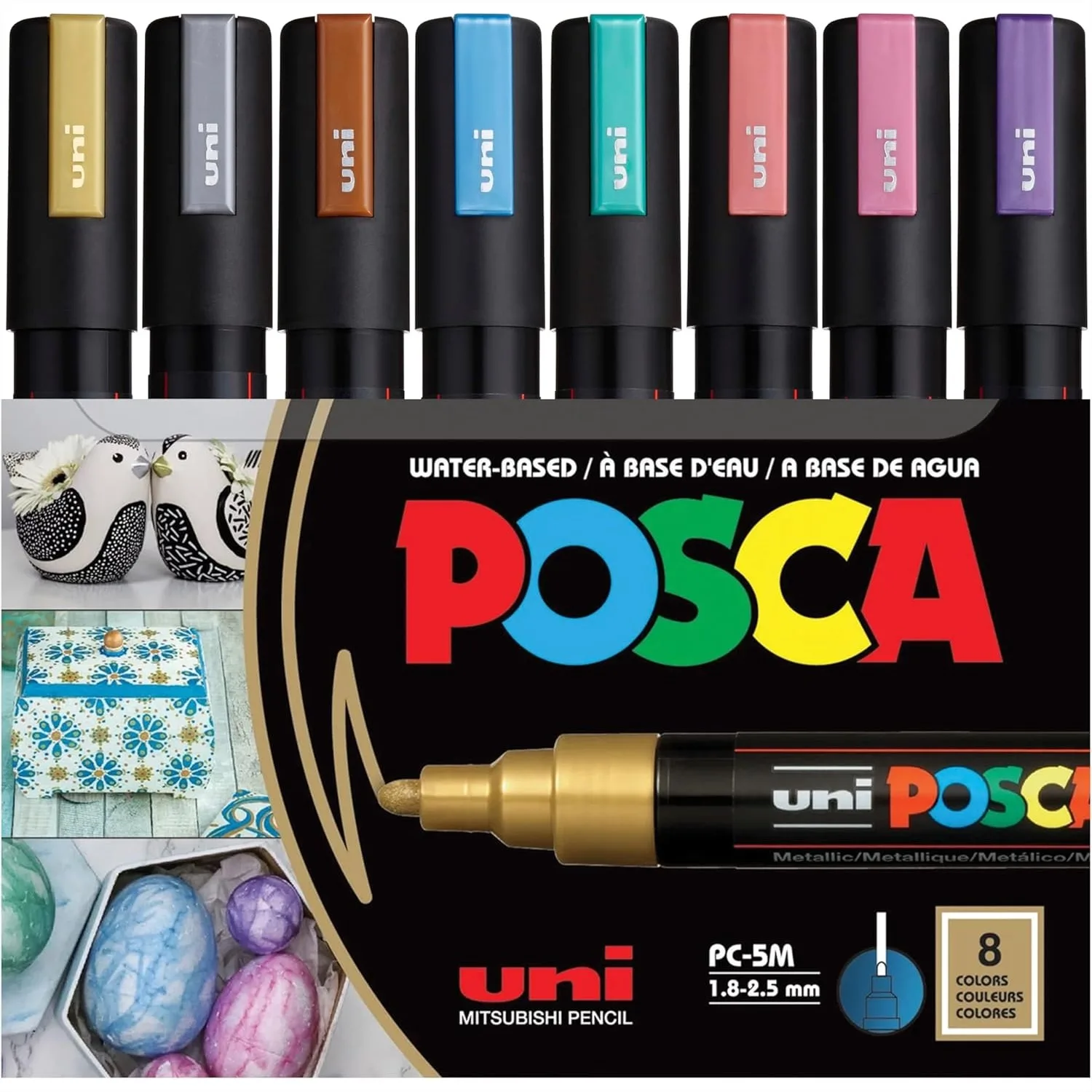 

8 Medium Paint Markers Set, Metallic Tones Gold Silver Bronze Blue Green Red Pink Violet for Art Drawing on Canvas Fabric Metal