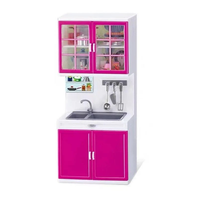 Simulation Kitchen Cabinets Set Children Pretend Play Cooking Tools Mini Dolls Tableware Suits Toys Girls Dollhouse Gift Toy