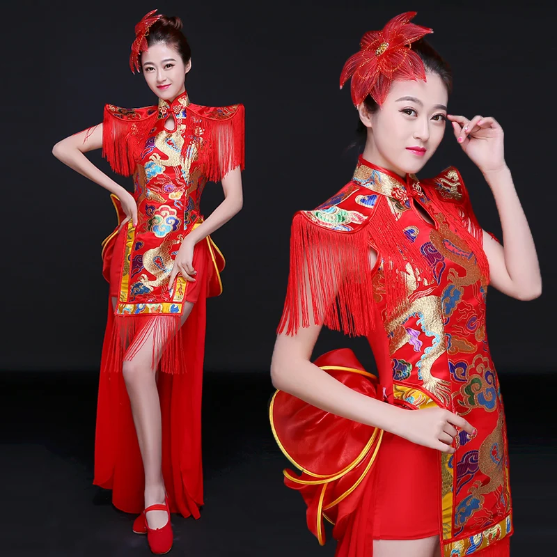 Chinese Ethnic Suit Drumming Costume Classical Dance Performance Clothing Female Modern Dance Cheongsam Fan Dance Wear