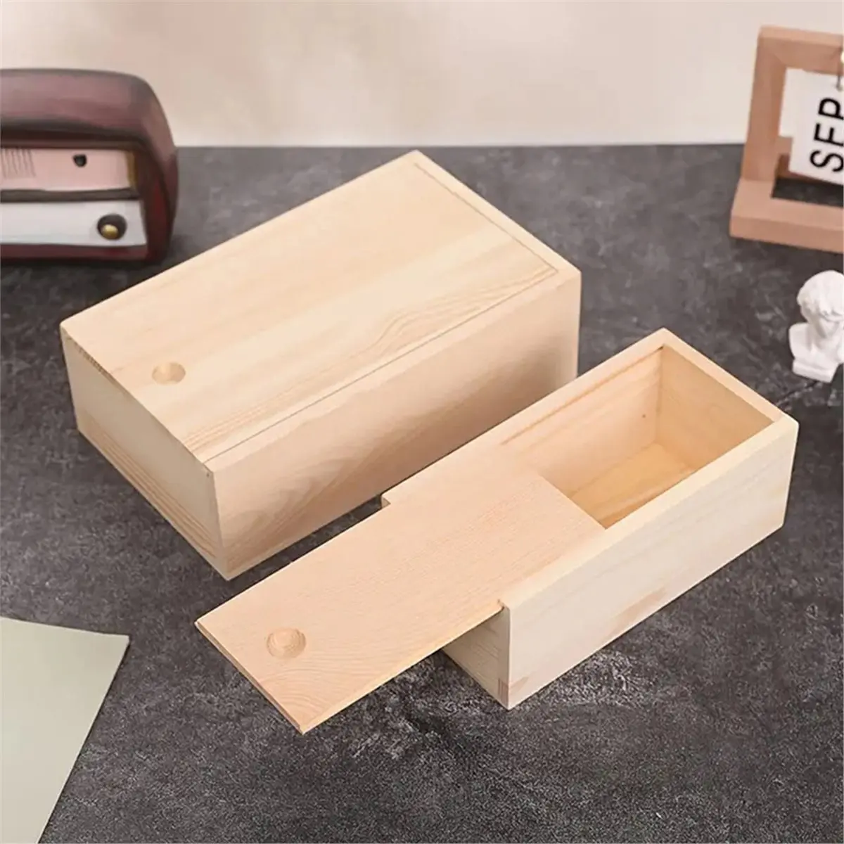 A67T NEW Pine Pull-Out Box Sliding Cover Wooden Box Wooden Storage Box Log Drawer Wood Jewelry Organizer Case DIY Case