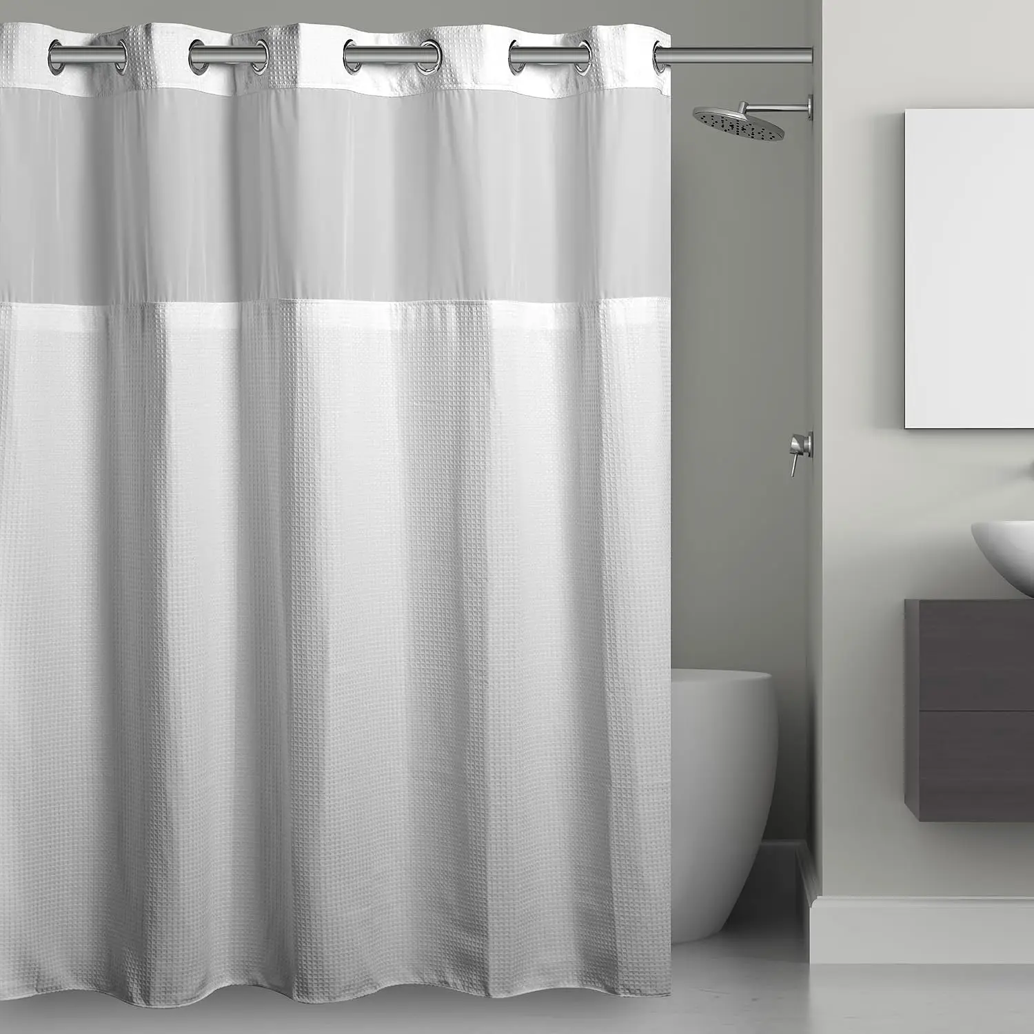 

3-in-1 Waffle Shower Curtain with Sheer Window, Flex-On Rings & Liner, 71x74, White