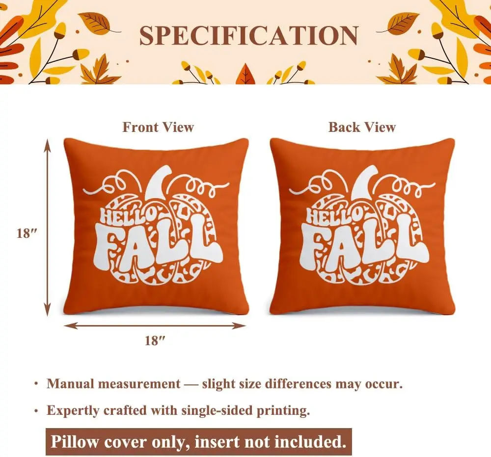 Hello Fall Orange Pumpkin Throw Pillow Cover Decor for Home,18x18 Orange Fall Pumpkin Decorative Throw Pillow, Autumn Decor